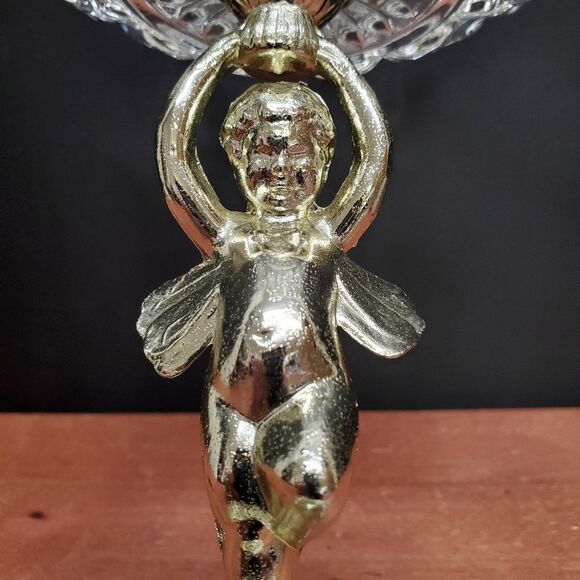 Vintage Compote Silver And Glass Cherub Angel Candy Pedestal Stand Dish - Picture 2 of 8